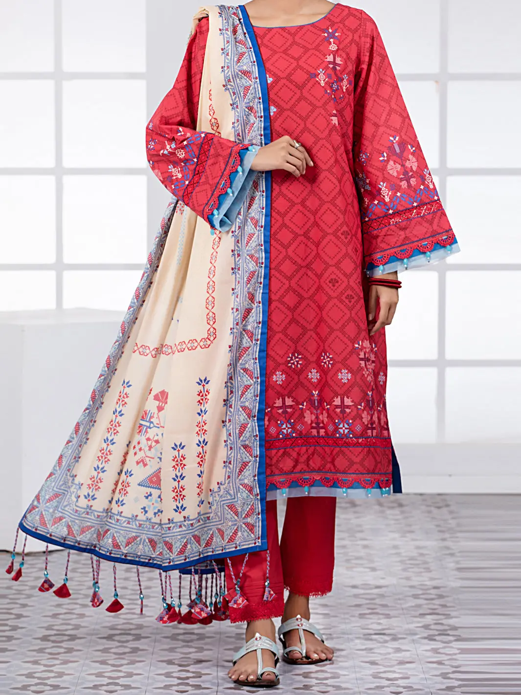 Red Lawn 3Pc Unstitched - Alp-3Ps-1490 1