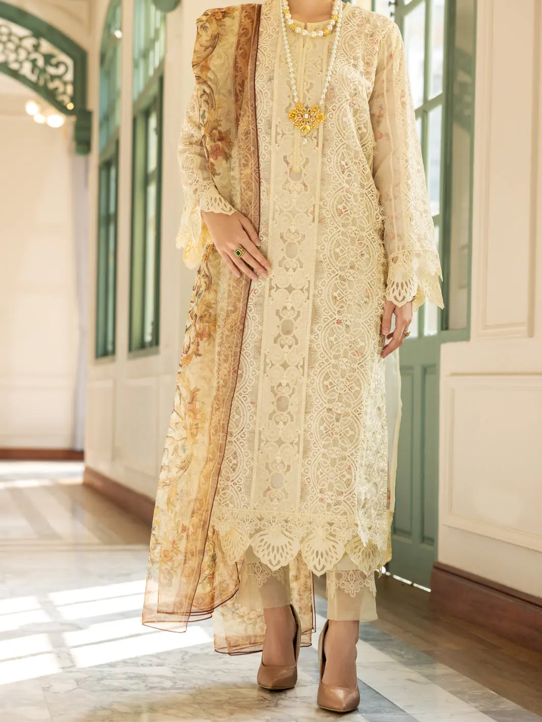 Off White Poly-Organza 3Pc Unstitched - Alp-3Ps-1786 1