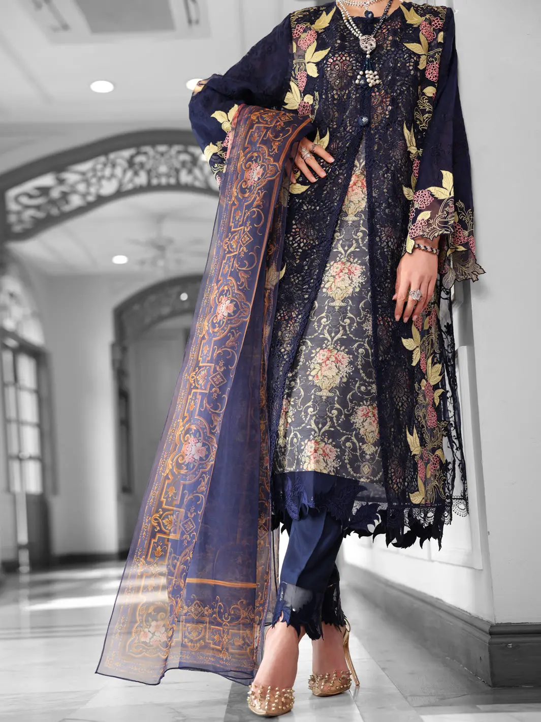 Dark Blue Poly-Organza 3Pc Stitched - Alp-3Ps-1787 1