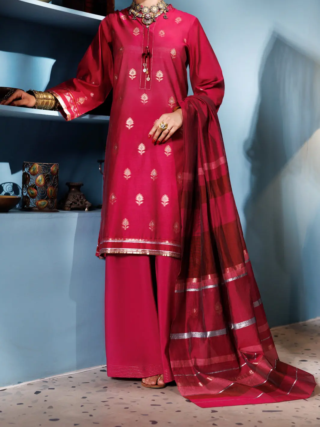 Pink Yarn Dyed Jacquard 3Pc Unstitched - Alp-3Ps-1885 1