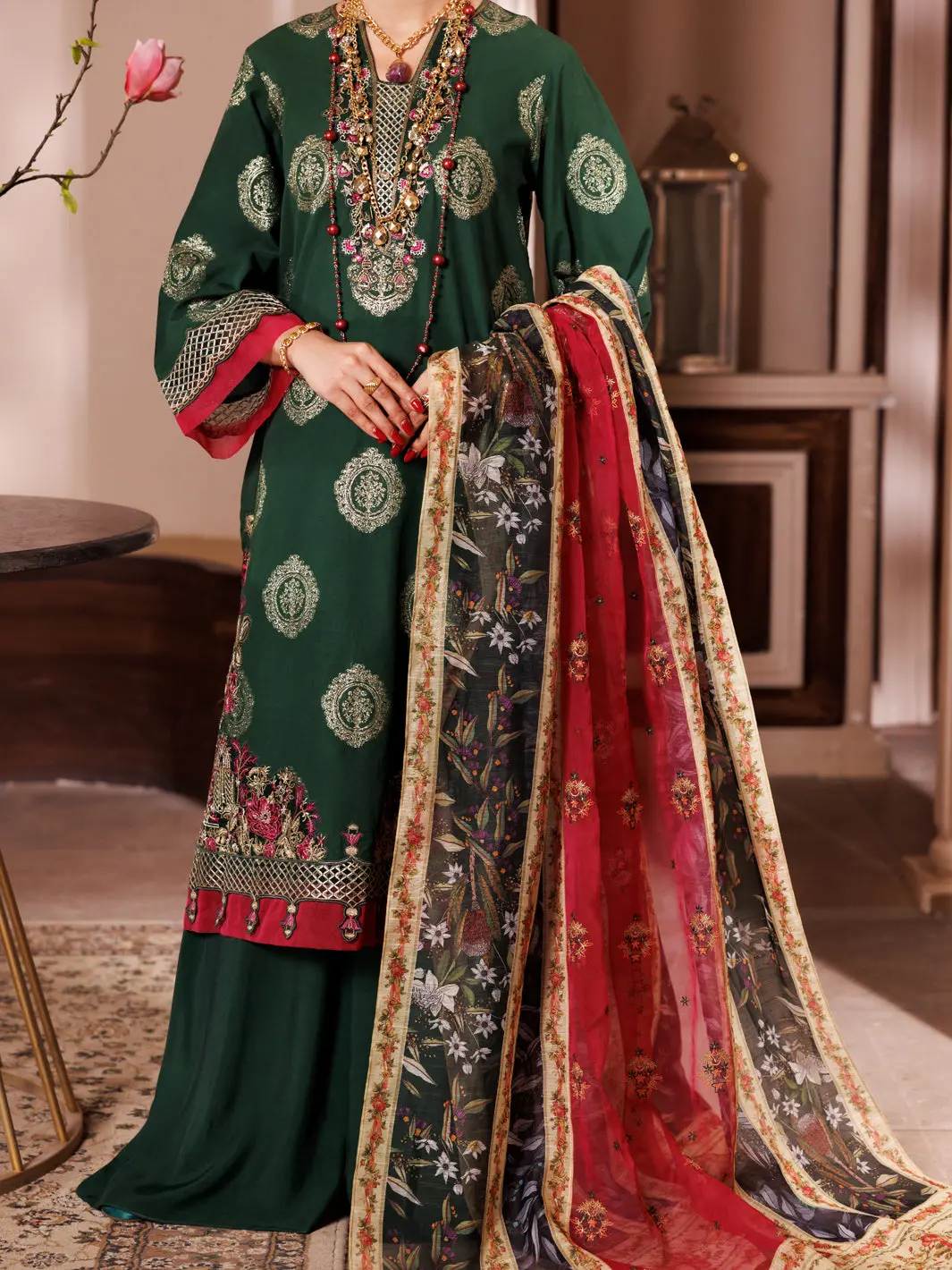 Green Self Jacquard 3Pc Unstitched - Alp-3Ps-1944 1