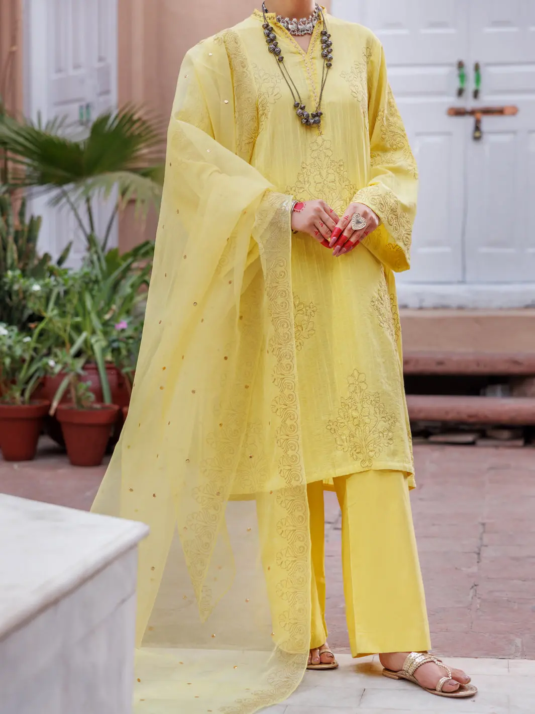 Yellow Dobby Jacquard 3Pc Stitched - Alp-3Ps-1952 1