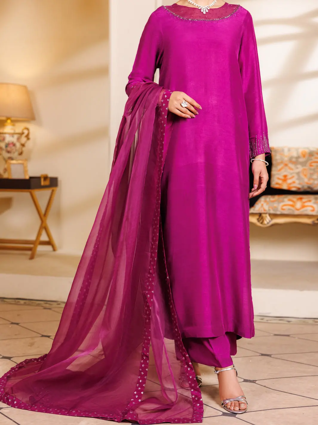 Purple Raw Silk 3Pc Stitched - Alp-3Ps-2196 1