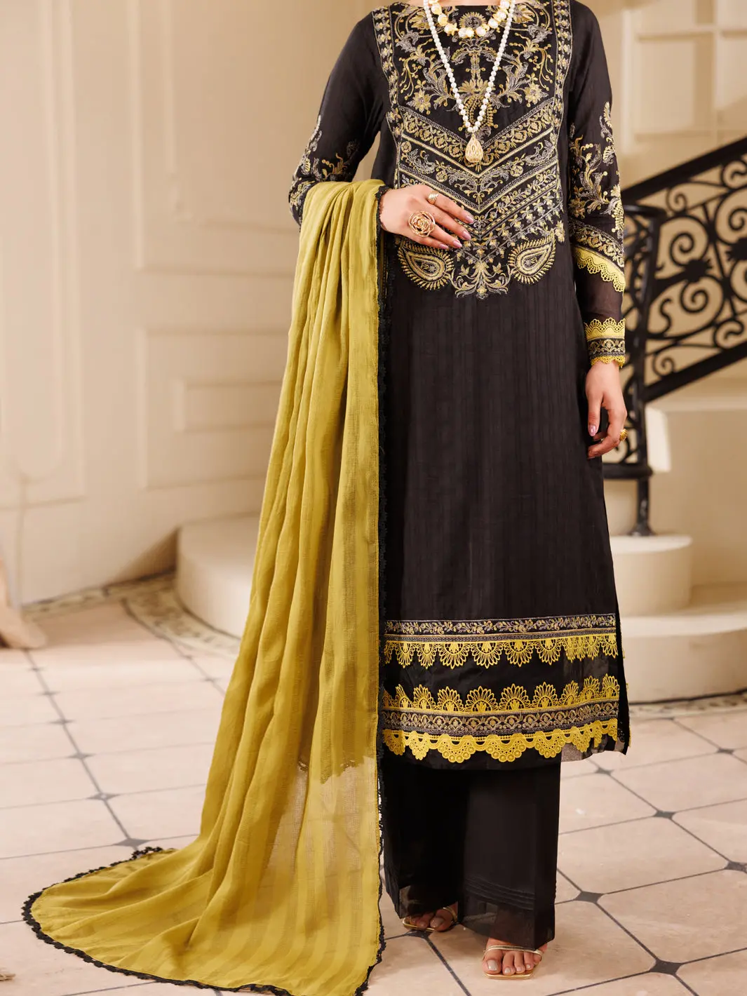 Black Cotton Dobby 3Pc Unstitched - Alp-3Ps-2225 1