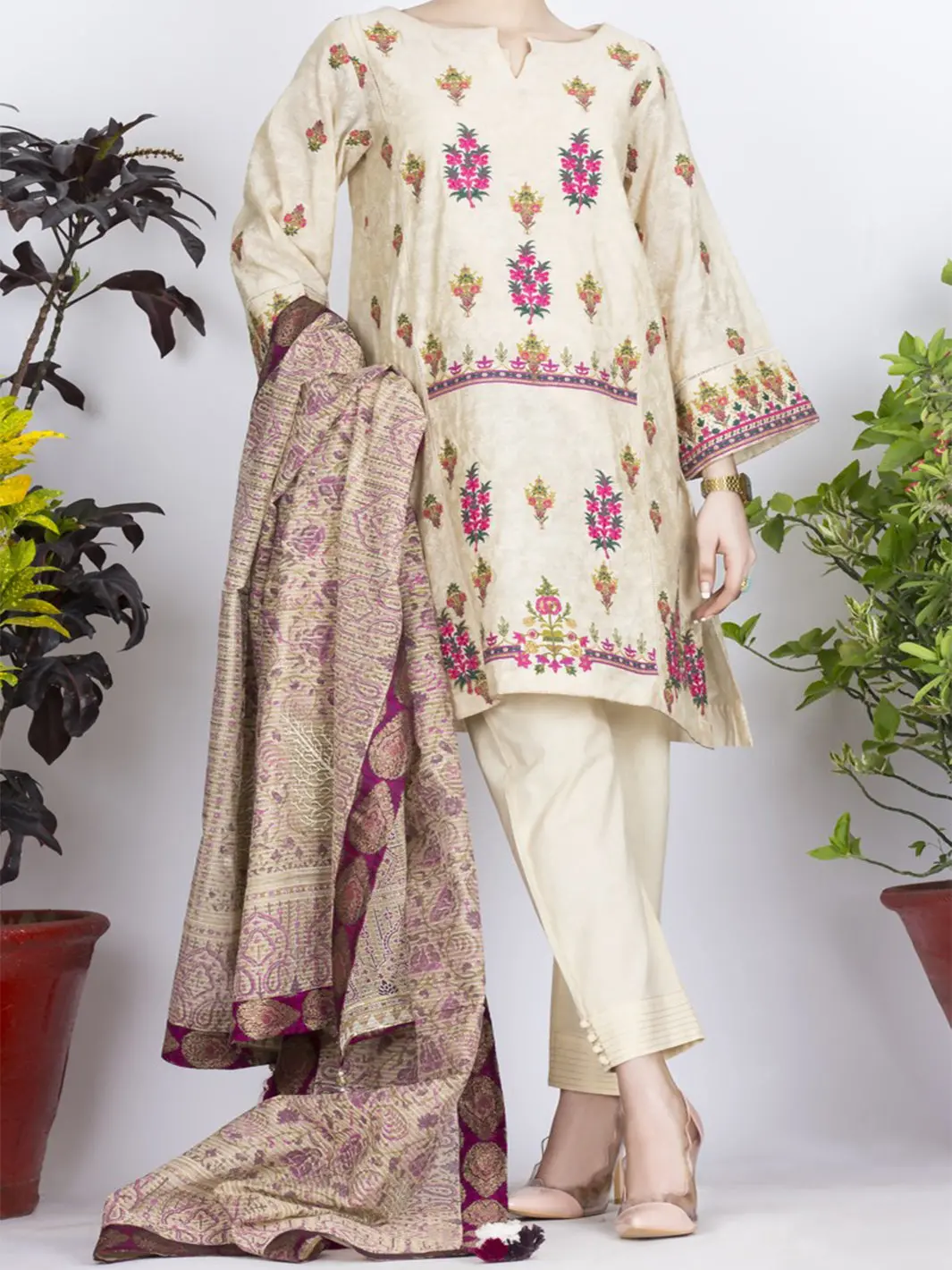 Off White Cotton Silk 3Pc Stitched - Alp-731 1