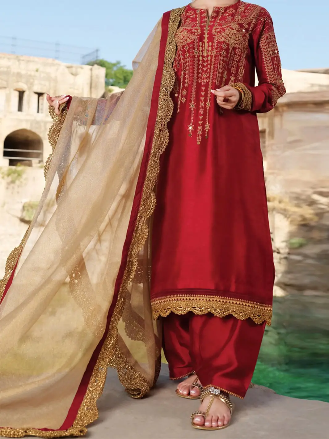 Red Raw Silk 3Pc Stitched - Alp-744 1