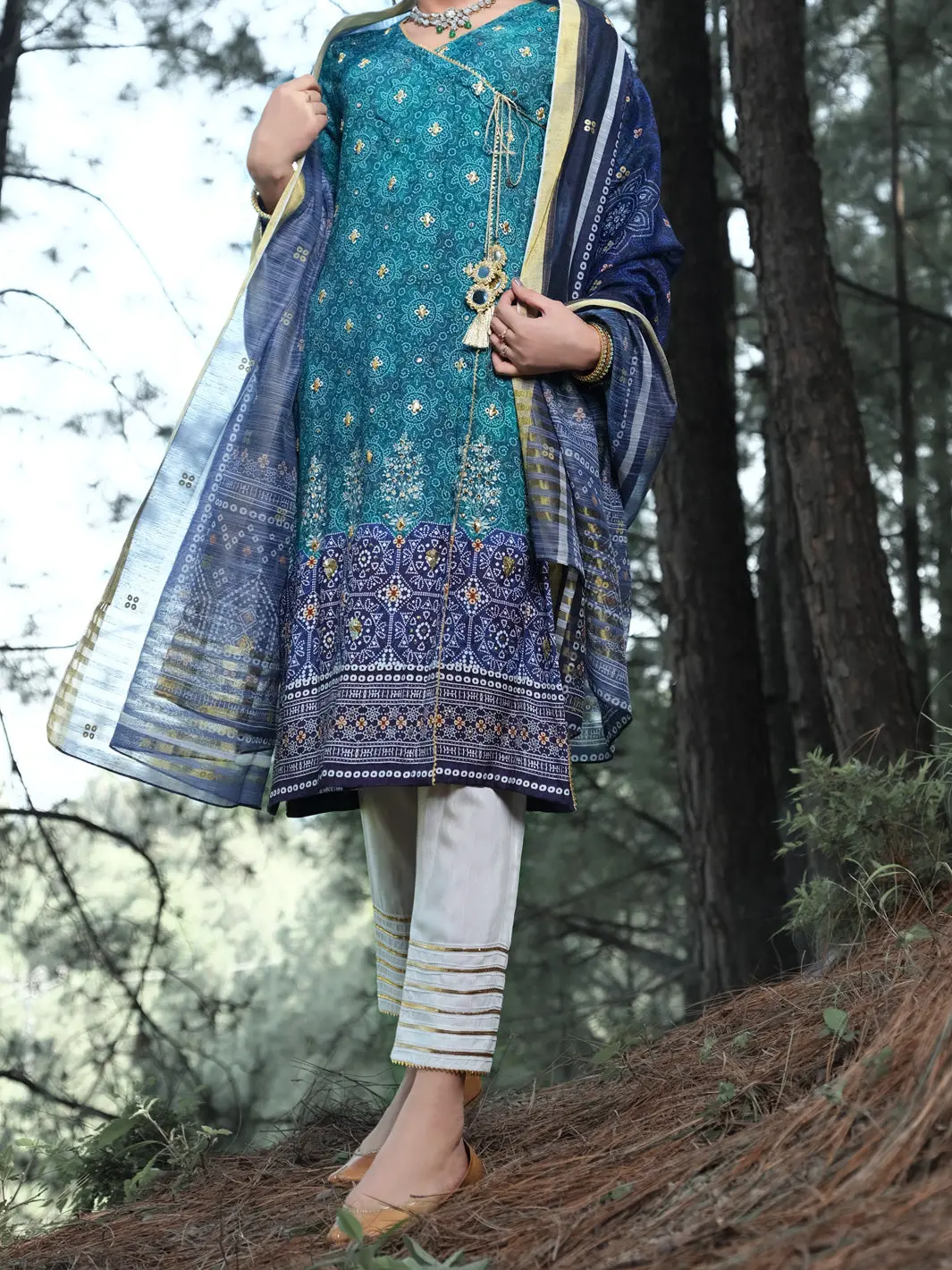 Teal Silk 3Pc Unstitched - Alp-3Ps-989 1