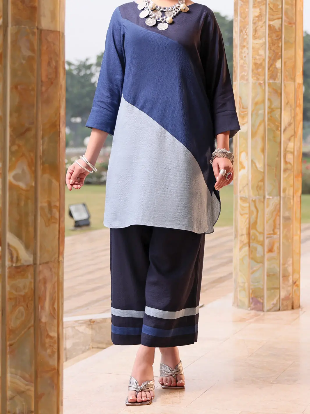Navy Blue Self-Dobby 2Pc Stitched - Alp-2Ps-Lks-1071 1