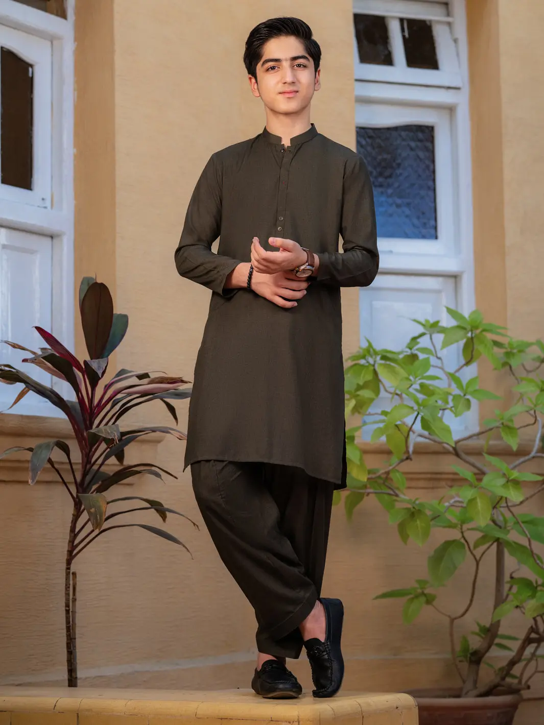 Olive Green Blended Kameez Shalwar - Alt-Ks-078 1