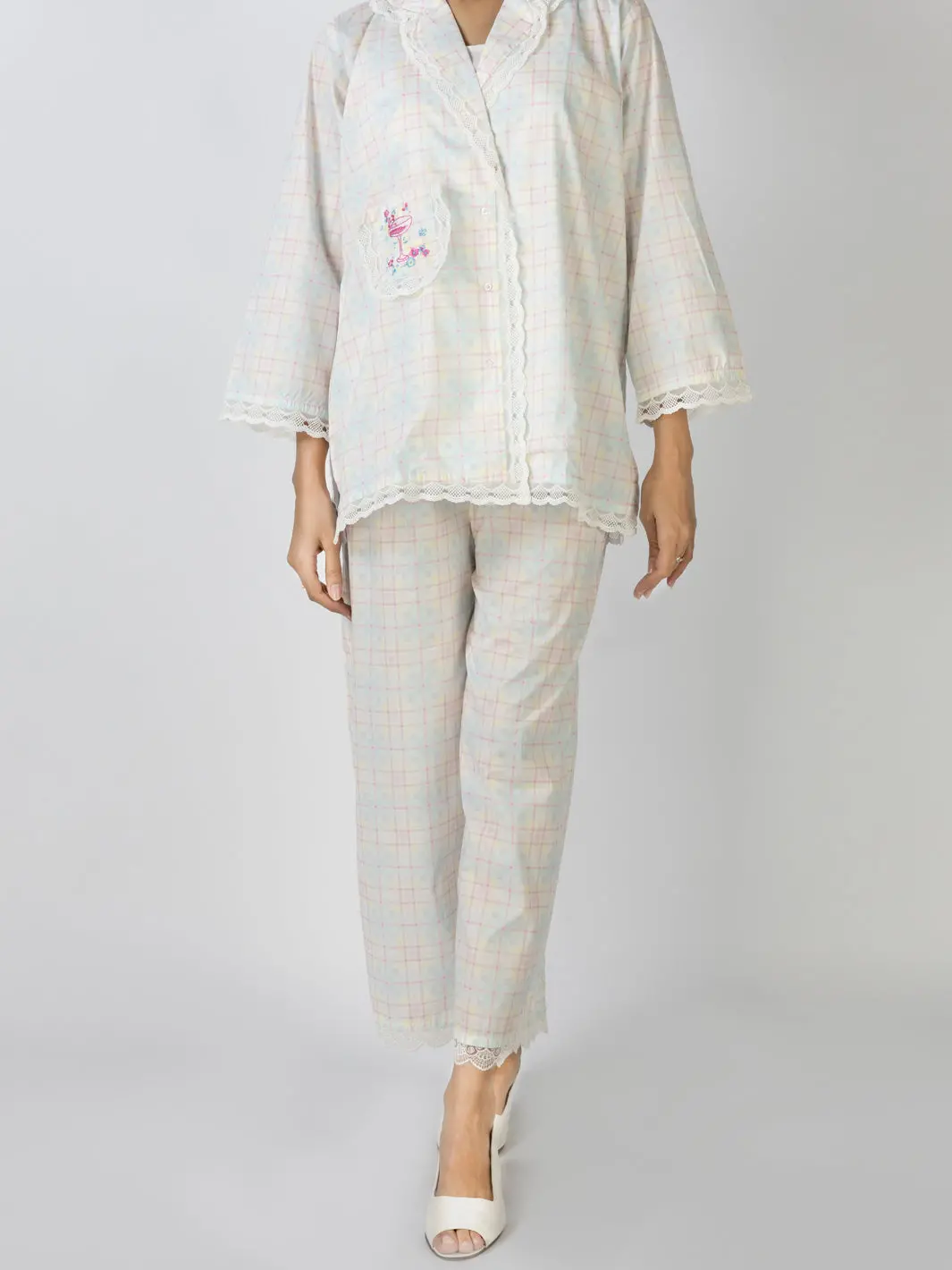 White Cotton 2 Piece Stitched Nightwear - Alt-Lks-Nw-1003 1
