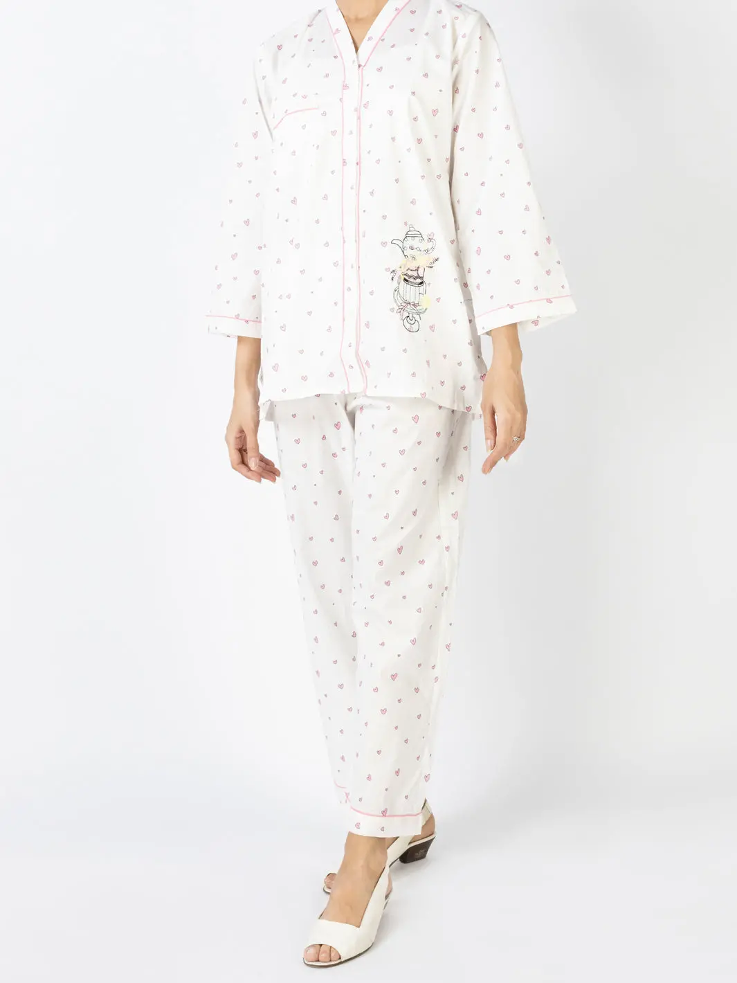 White Cotton 2 Piece Stitched Nightwear - Alt-Lks-Nw-1004 1