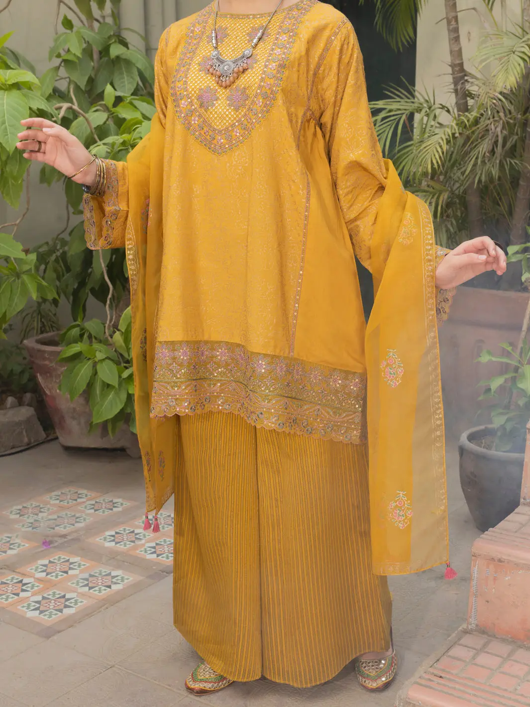Mustard Viscose Gold 3 Piece Stitched - Alt-3Ps-Ls-1134 1