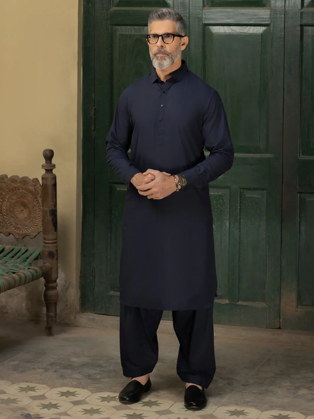 Navy Blue Blended Kameez Shalwar - Alwa-Ks-458 1