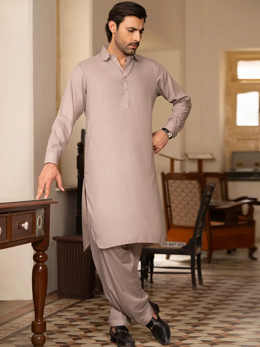 Light Brown Blended Kameez Shalwar - Alwa-Ks-529 1