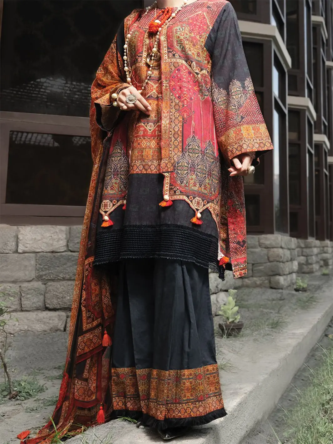 Red Khaddar + Linen 3Pc Stitched - Awp-210 1