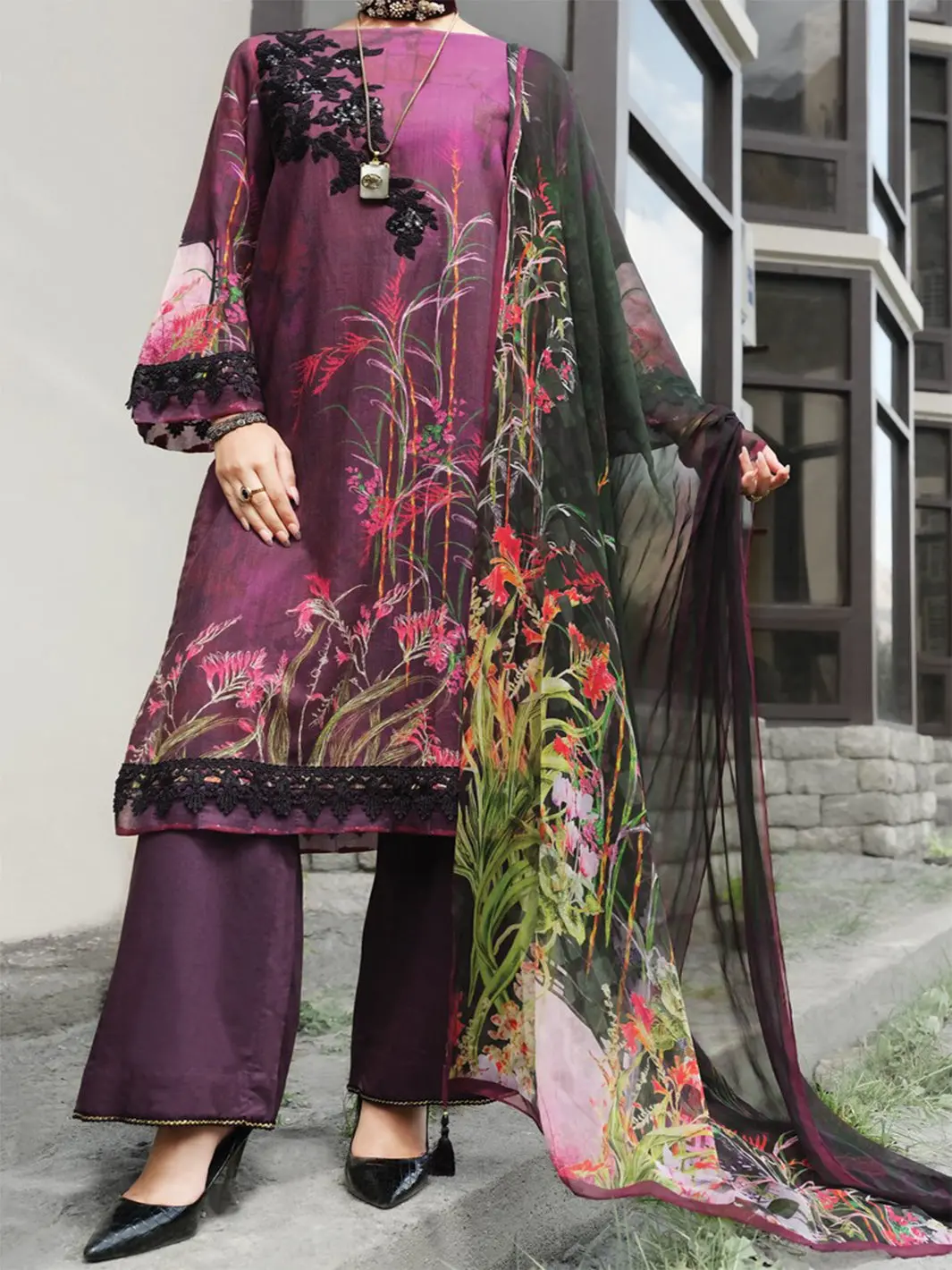 Purple Khaddar + Linen 3Pc Unstitched - Awp-212 1