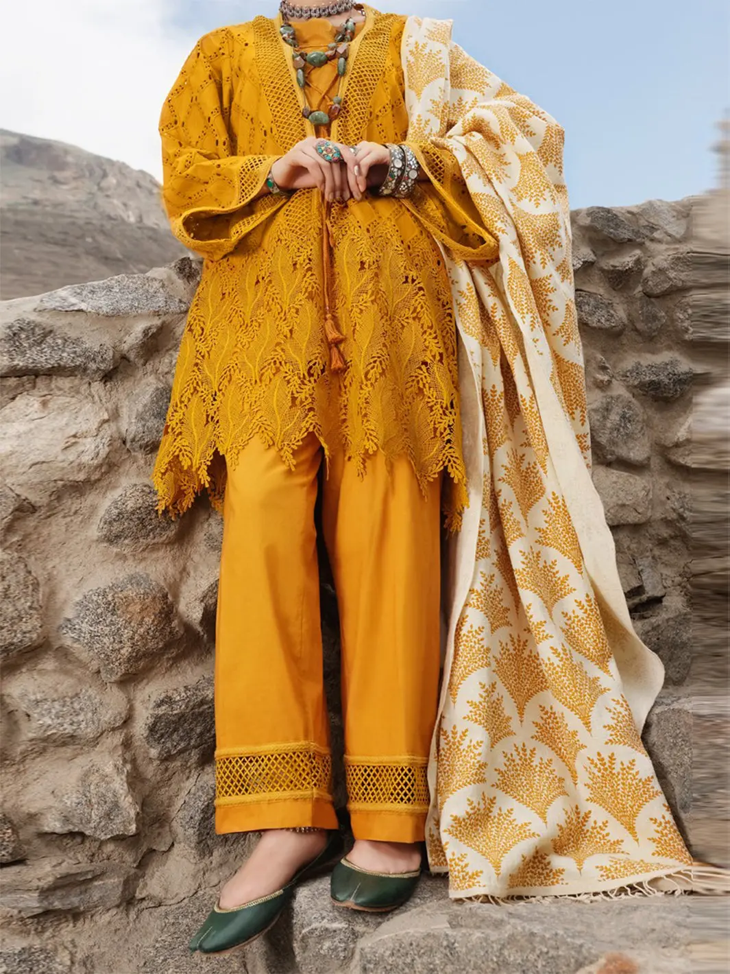 Mustard Schiffli 3Pc Stitched - Awp-3Ps-217 1