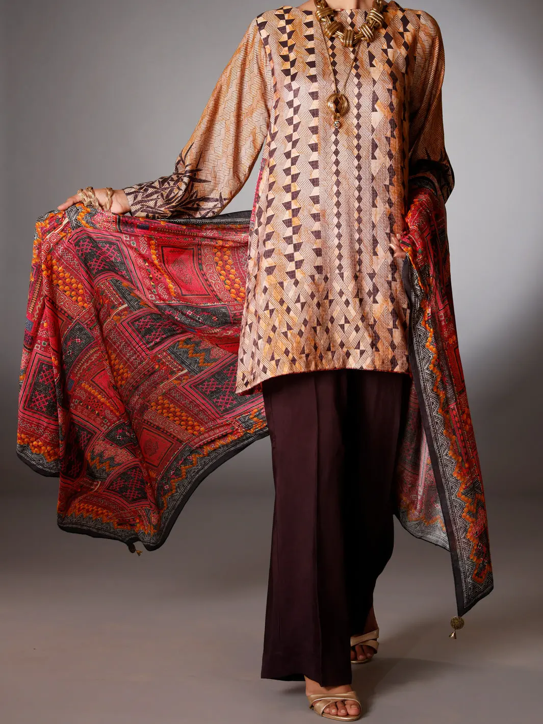 Coffee Silk Jacquard 3Pc Stitched - Awp-3Ps-262 1