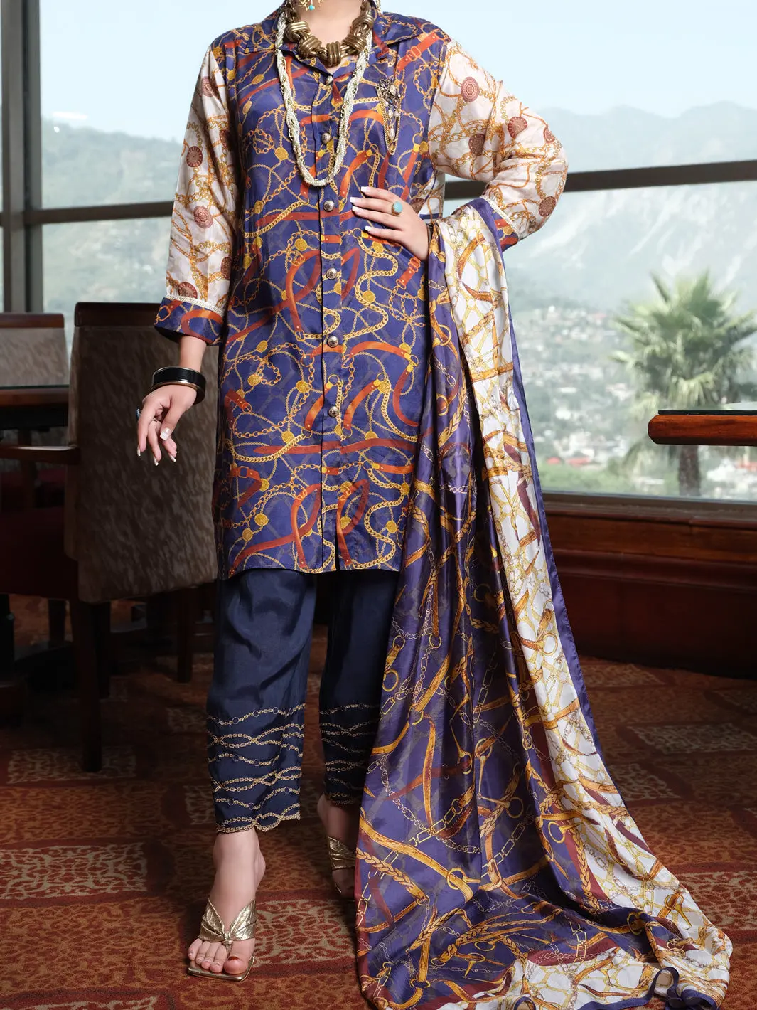 Navy Blue Viscose Silk 3Pc Unstitched - Awp-3Ps-267 1