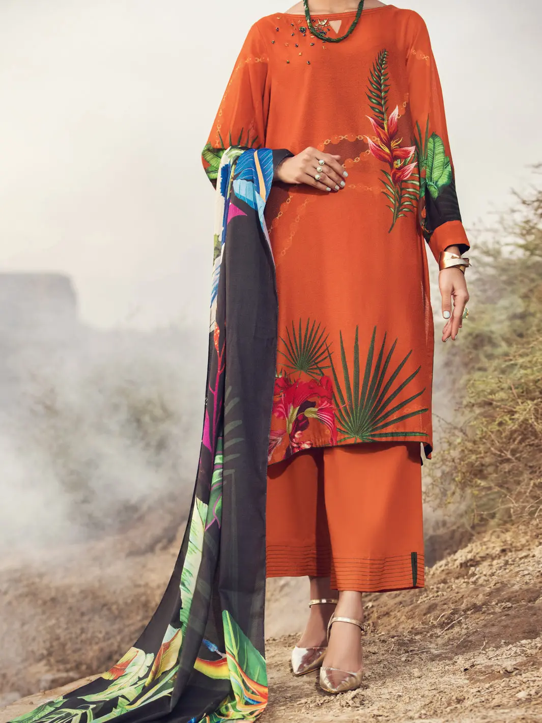 Orange Karandi 3Pc Unstitched - Awp-3Ps-346 1