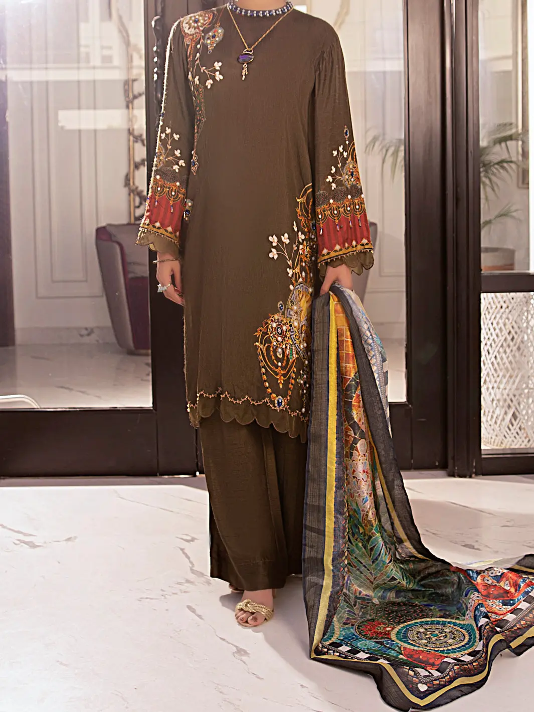 Olive Raw Silk 3Pc Stitched - Awp-3Ps-357 1