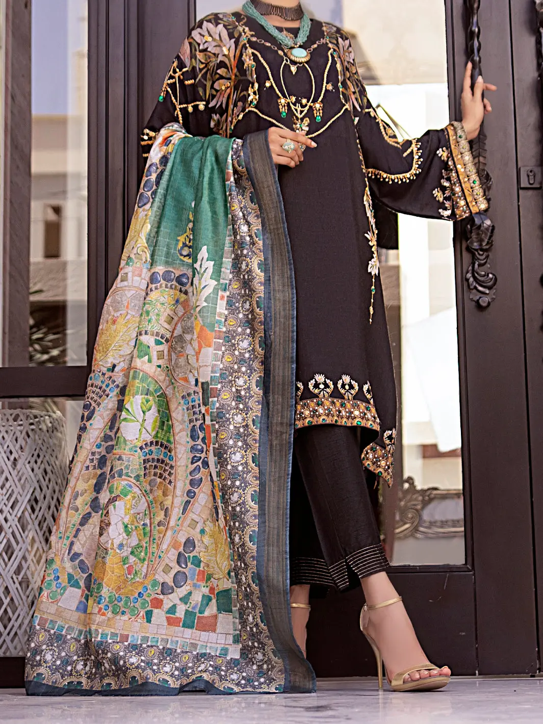 Black Raw Silk 3Pc Stitched - Awp-3Ps-359 1