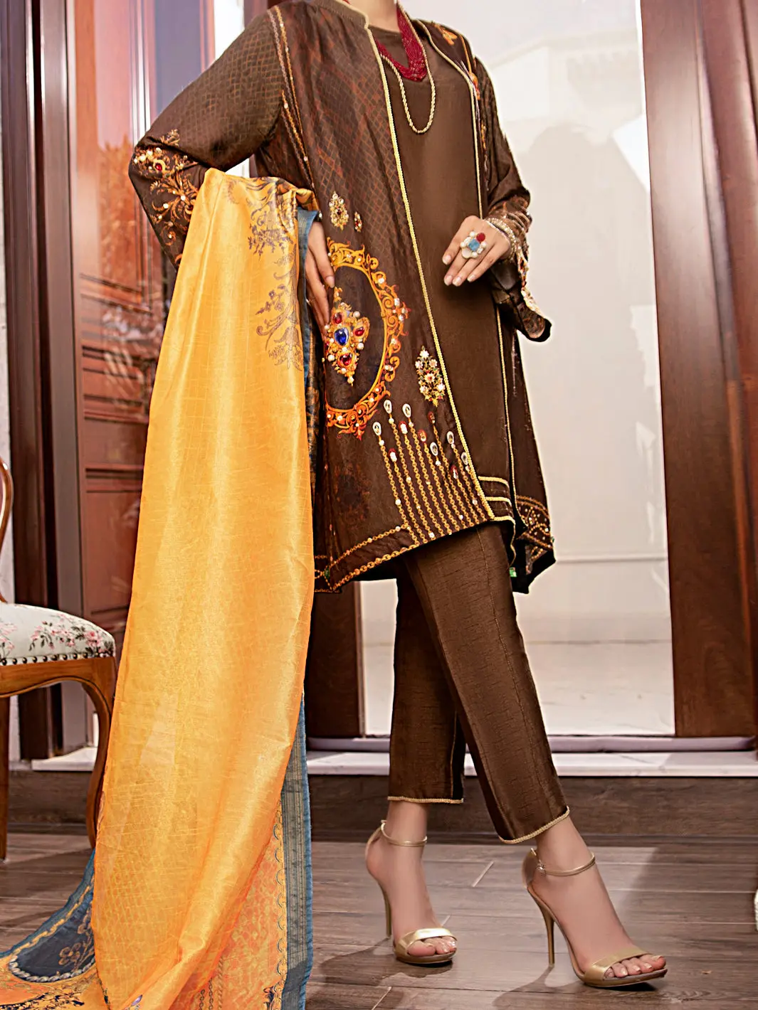 Brown Raw Silk 3Pc Stitched - Awp-3Ps-362 1