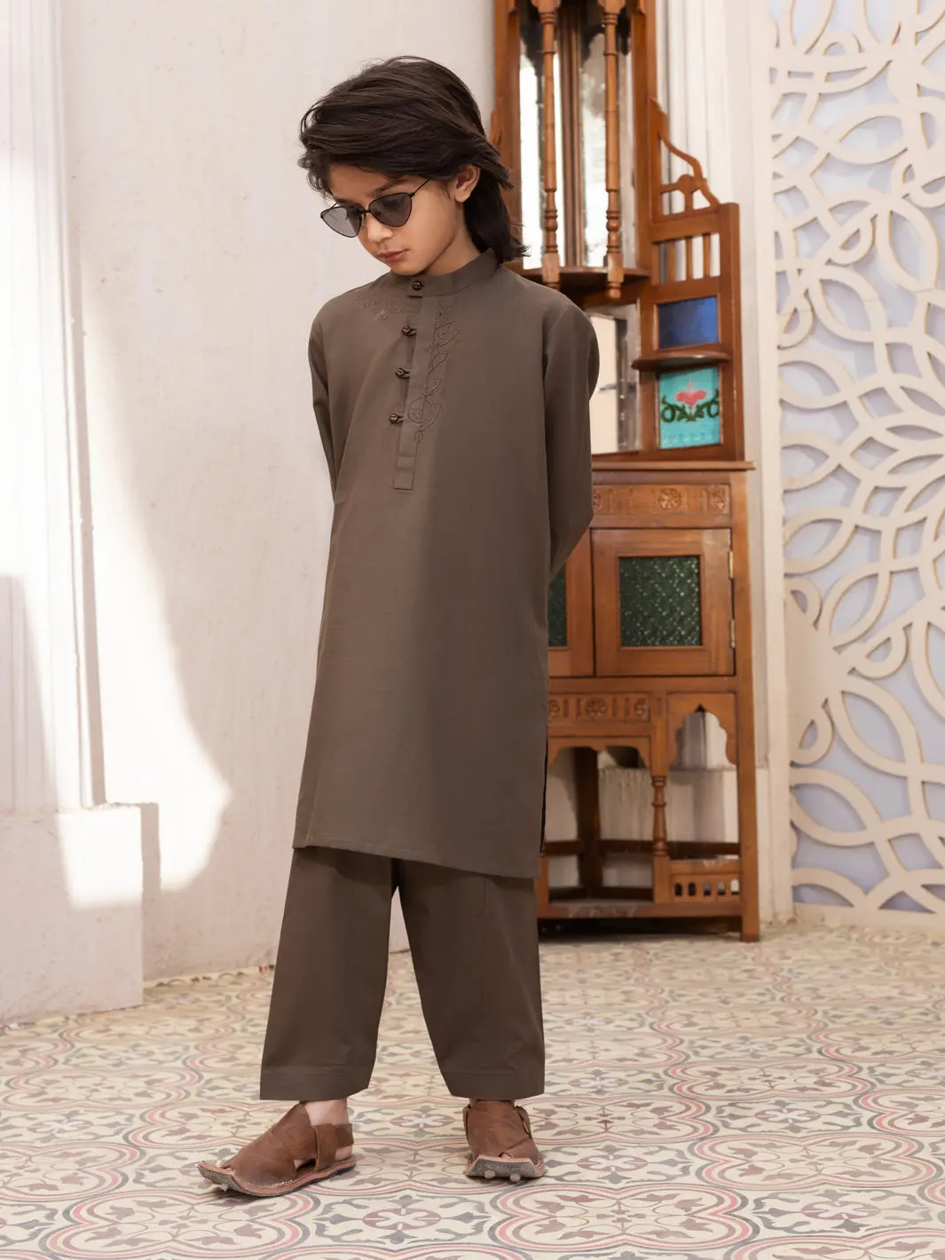 Dark Brown Cotton Kameez Shalwar - Alby-Ks-005 1