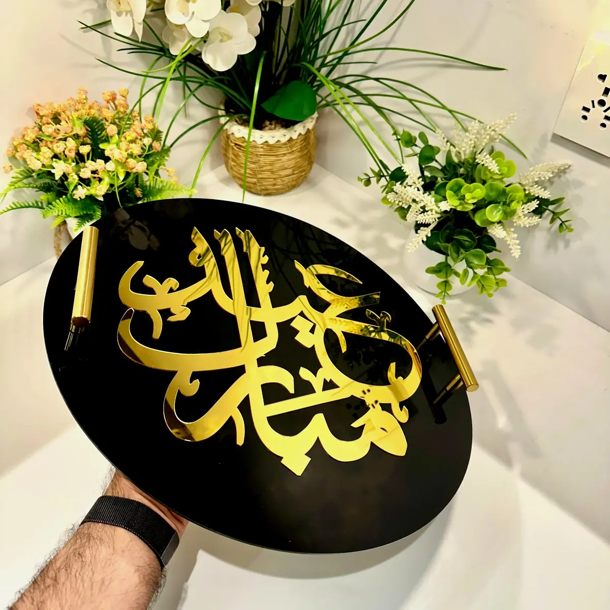 Round Eid Mubarak Tray With Golden Handles Black And Gold-Rgd01 1