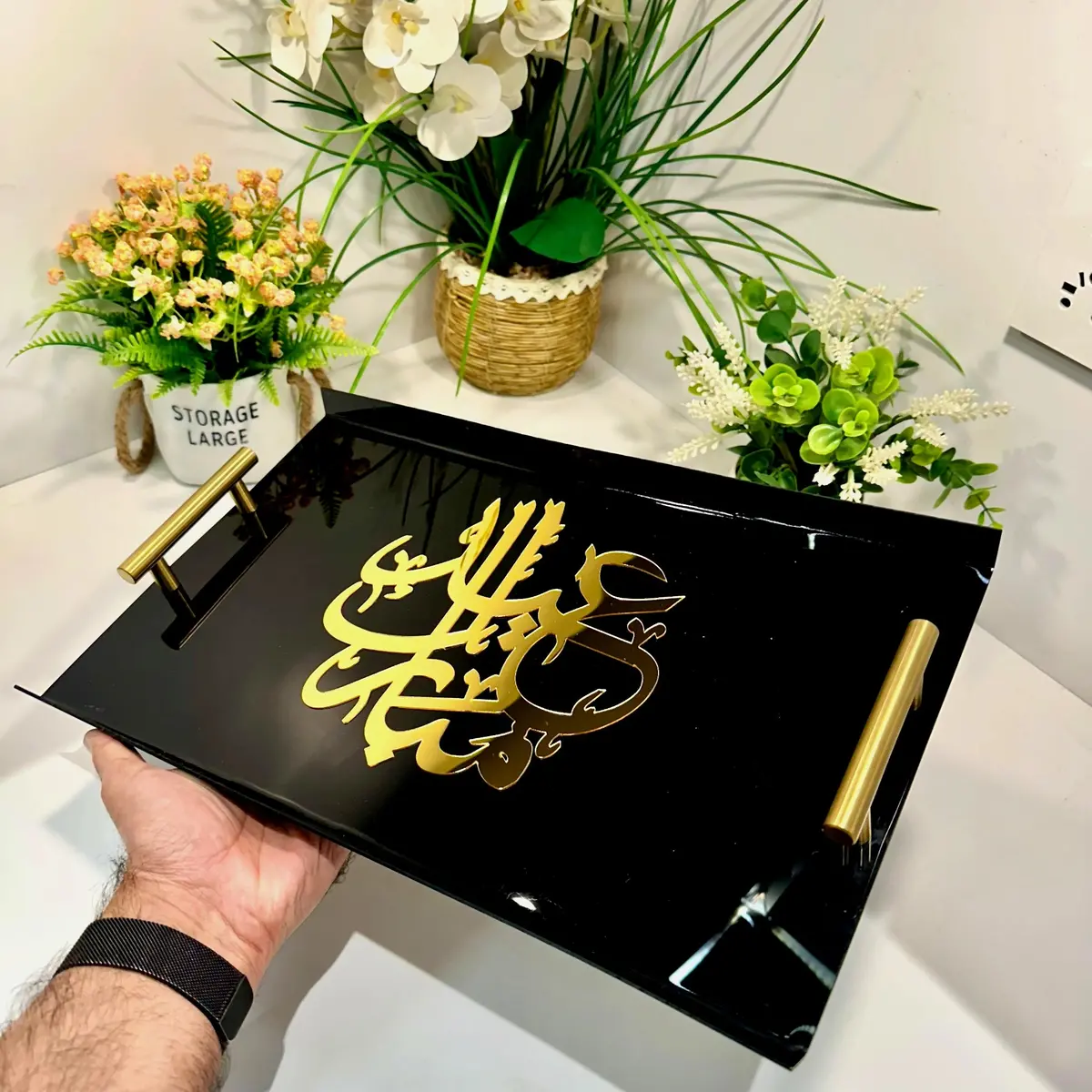 Eid Mubarak Tray With Golden Handles Black And Gold-Gtd01 1