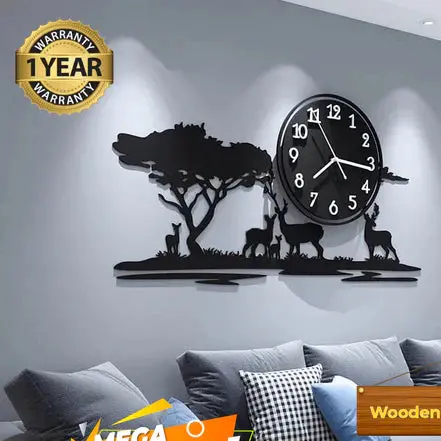 Big Wooden Grazing Deers In Meadows Wall Clock 1