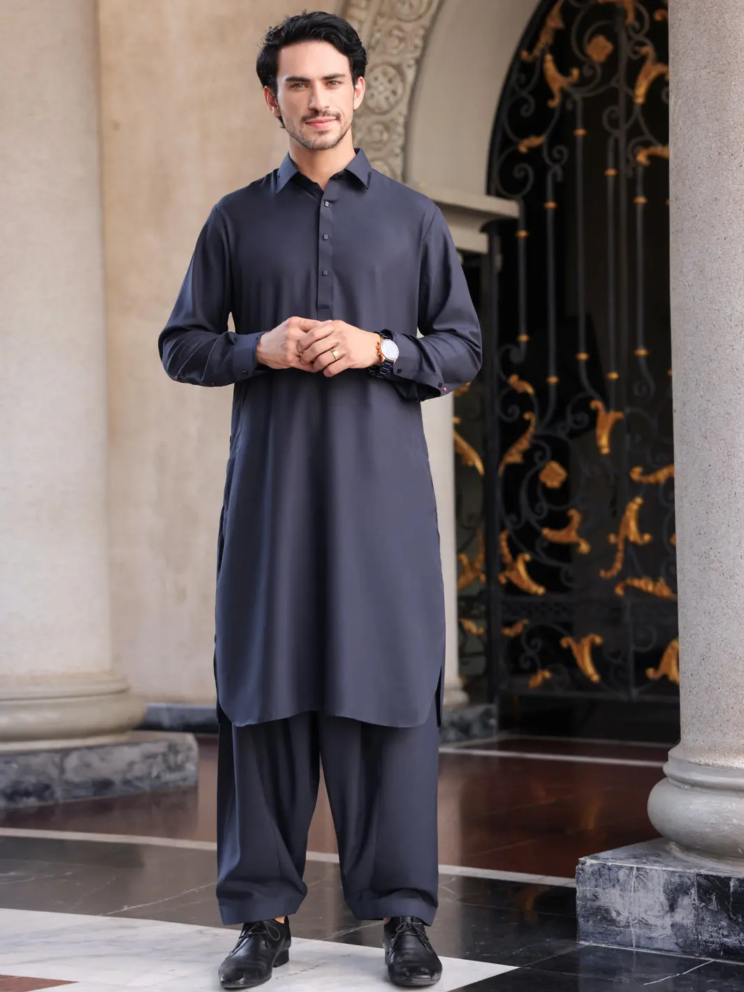 Dark Grey Blended Kameez Shalwar - Alwa-Ks-425 1
