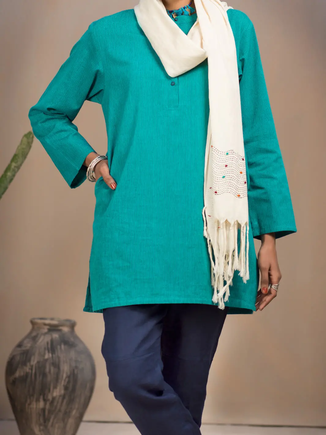 Turquoise Hand-Woven Cotton Tunic - Alcr-Lk-1008 1