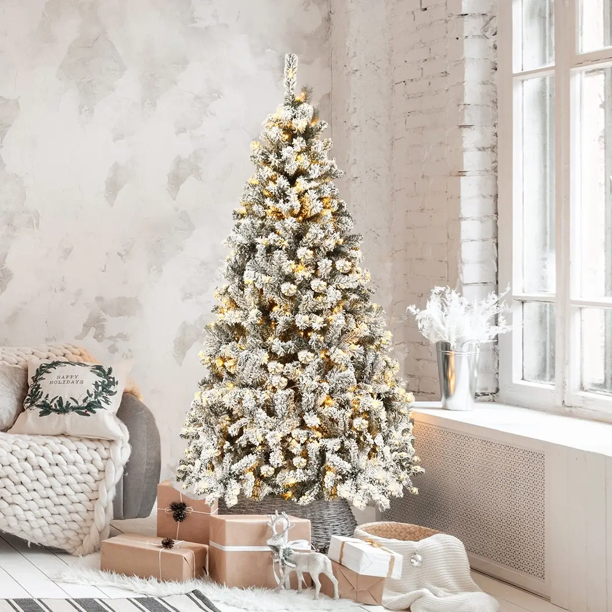 Realistic Prelit Flocked Artificial Christmas Tree 6Ft 1