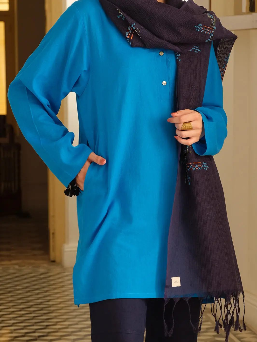 Blue Hand-Woven Cotton Silk Women Stole - Alcr-St-1005 1