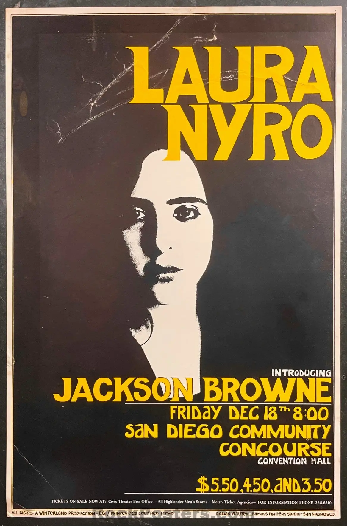 Auction - Aor 4.128 -  Laura Nyro Jackson Browne - San Diego - 1970 Poster - Very Good 1