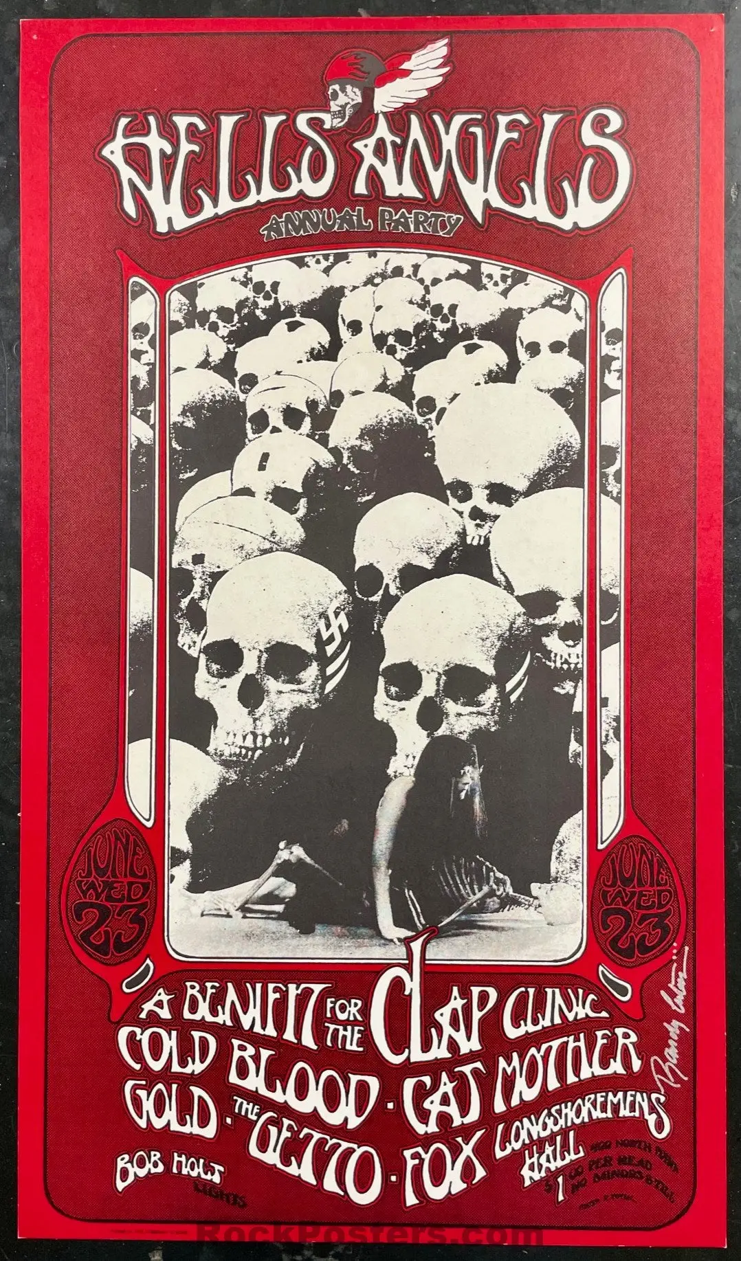 Auction - Aor 4.13 - Hells Angels - Randy Tuten Signed - 1971 Poster - Longshoremens Hall - Near Mint Minus 1