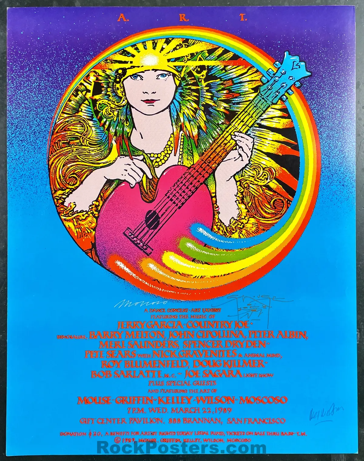 Auction - Artist Rights Today -  Jerry Garcia - Wilson,  Mouse, Moscoso Signed - 1989 Poster - San Francisco - Near Mint Minus 1