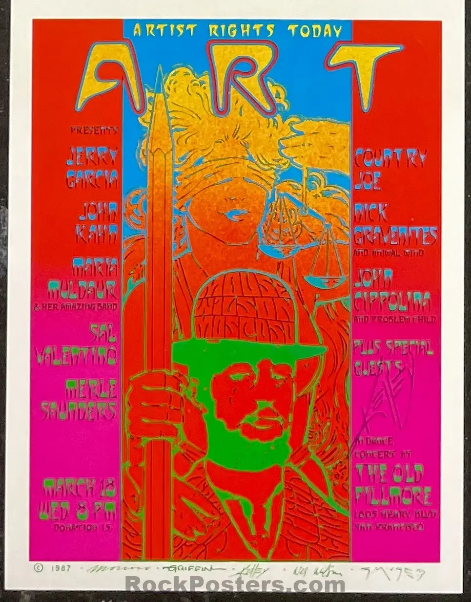 Auction - Artist Rights Today - Jerry Garcia - Alton Kelley Signed - 1987 Uncut Sheet Handbills - Near Mint 1