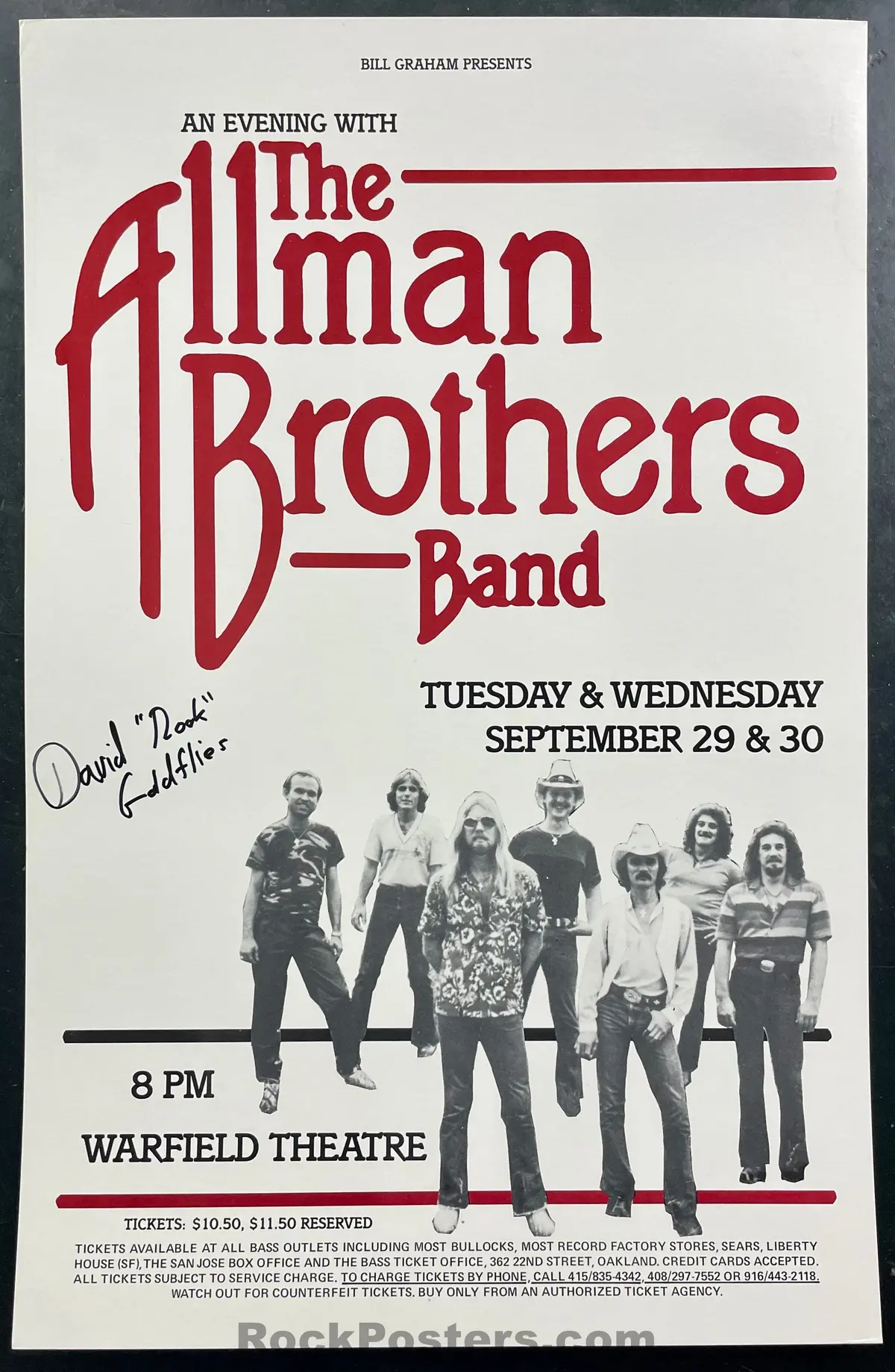 Auction - Allman Brothers - Band Member Signed - 1981 Poster & Ticket - Warfield S.F. - Near Mint Minus 1