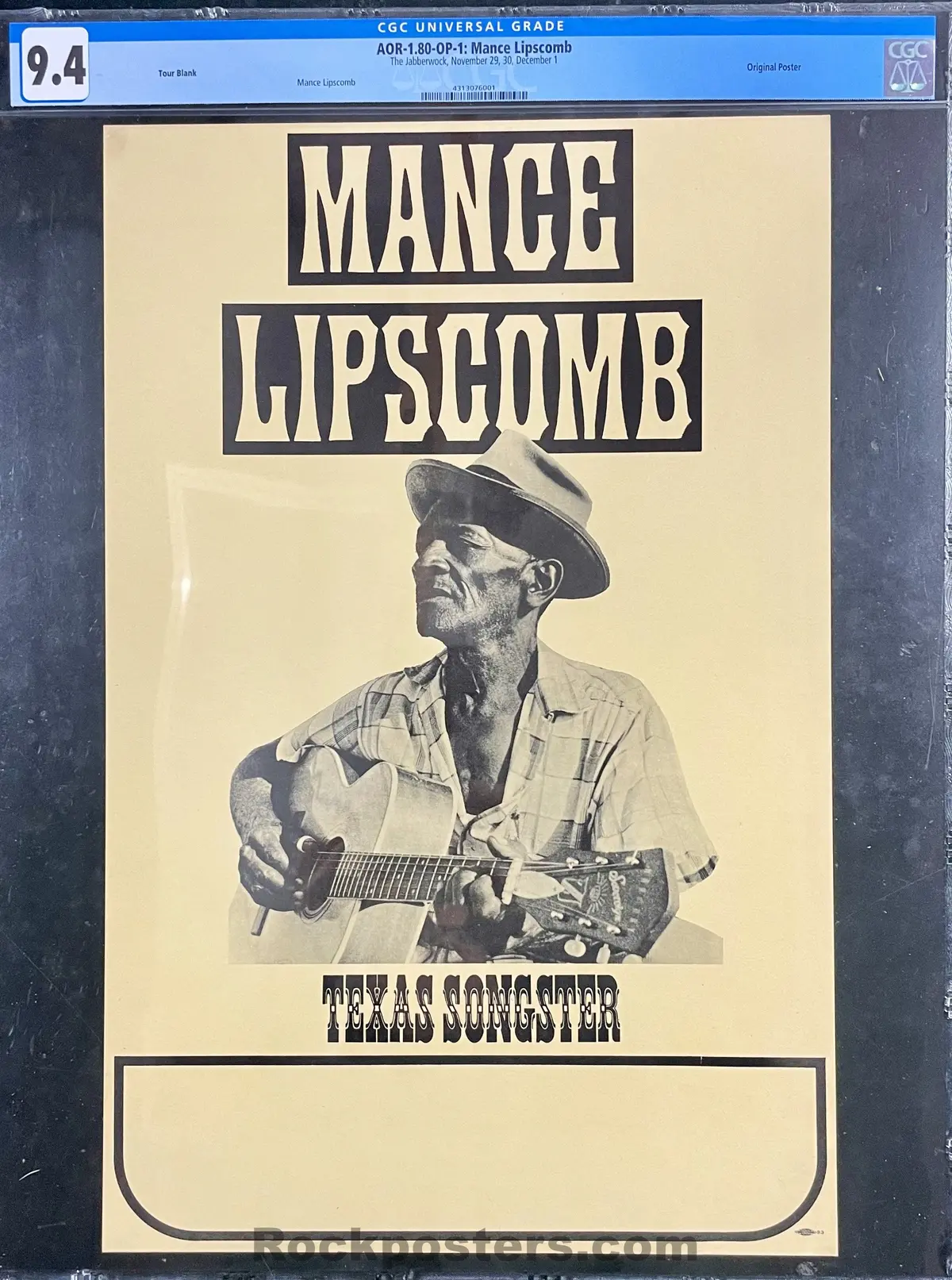 Auction - Aor 1.80 - Mance Lipscomb - 1966 Poster - Tour Blank - Cgc Graded 9.4 1