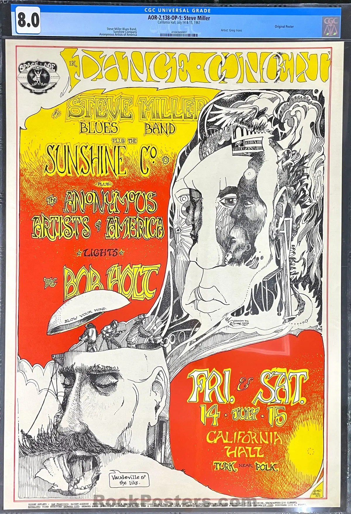 Auction - Aor 2.138 - Steve Miller - Greg Irons - 1967 Poster - California Hall  - Cgc Graded 8.0 1