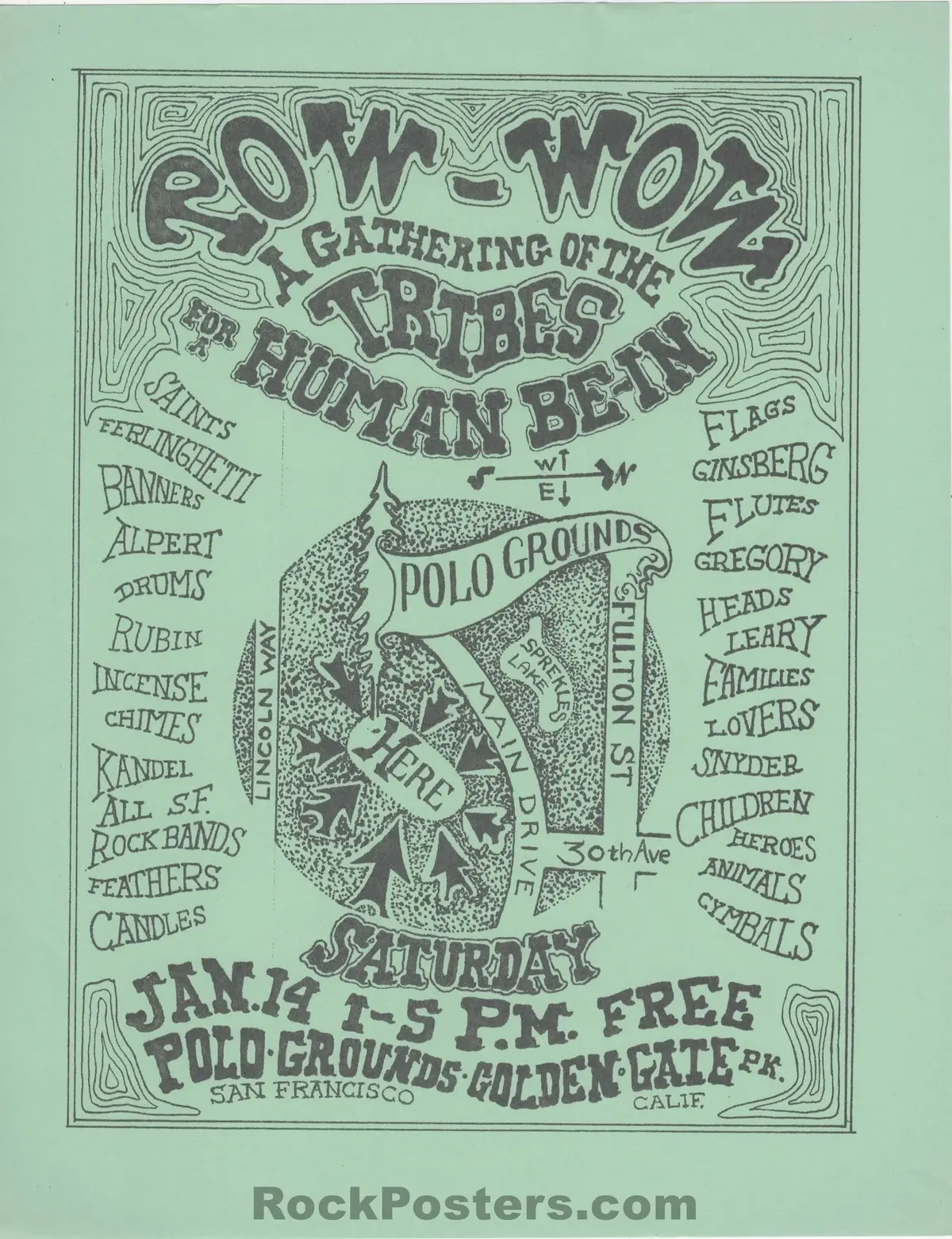 Auction -  Aor 2.216 - Human Be-In - Grateful Dead Timothy Leary - 1967 Green Handbill - Near Mint 1