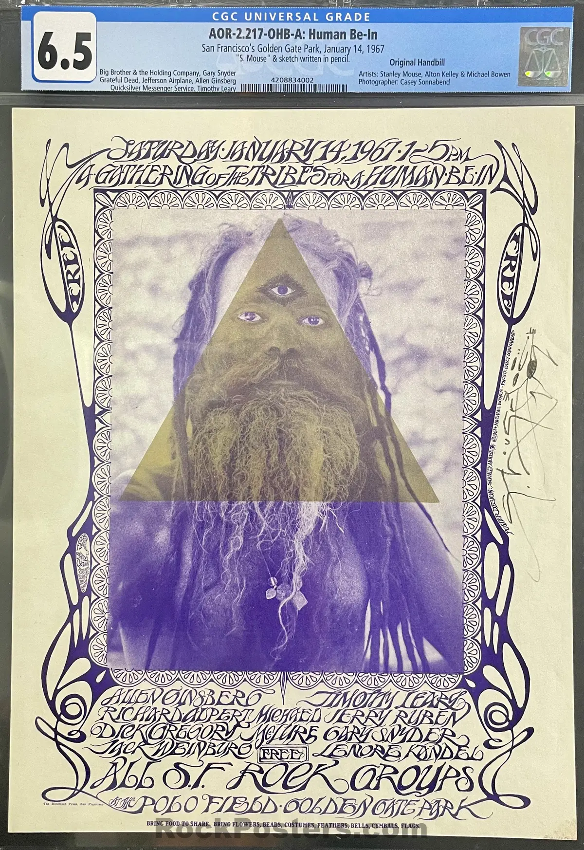 Auction - Aor 2.217 - Grateful Dead Timothy Leary - Mouse Signed - 1967 Handbill - Human Be-In - Golden Gate Park - Cgc Graded 6.5 1