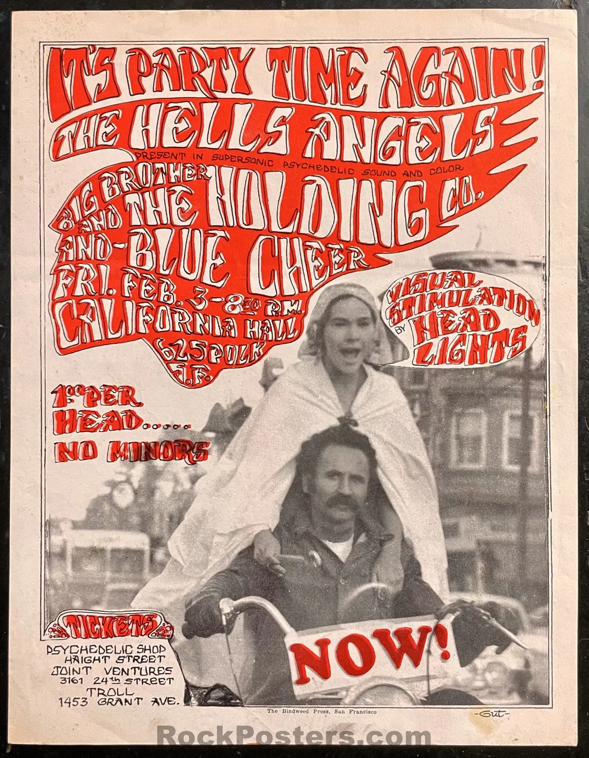 Auction - Aor 2.248 - Hell's Angels - Janis Joplin Blue Cheer - 1967 Handbill - California Hall - Excellent 1