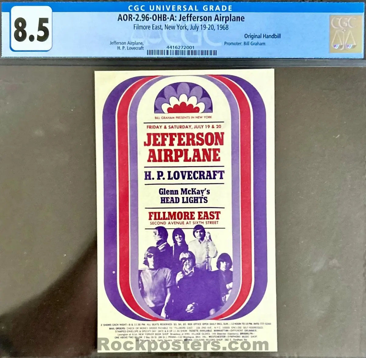 Auction - Aor 2.96 - Jefferson Airplane - 1968 Postcard - Fillmore East - Cgc Graded 8.5 1