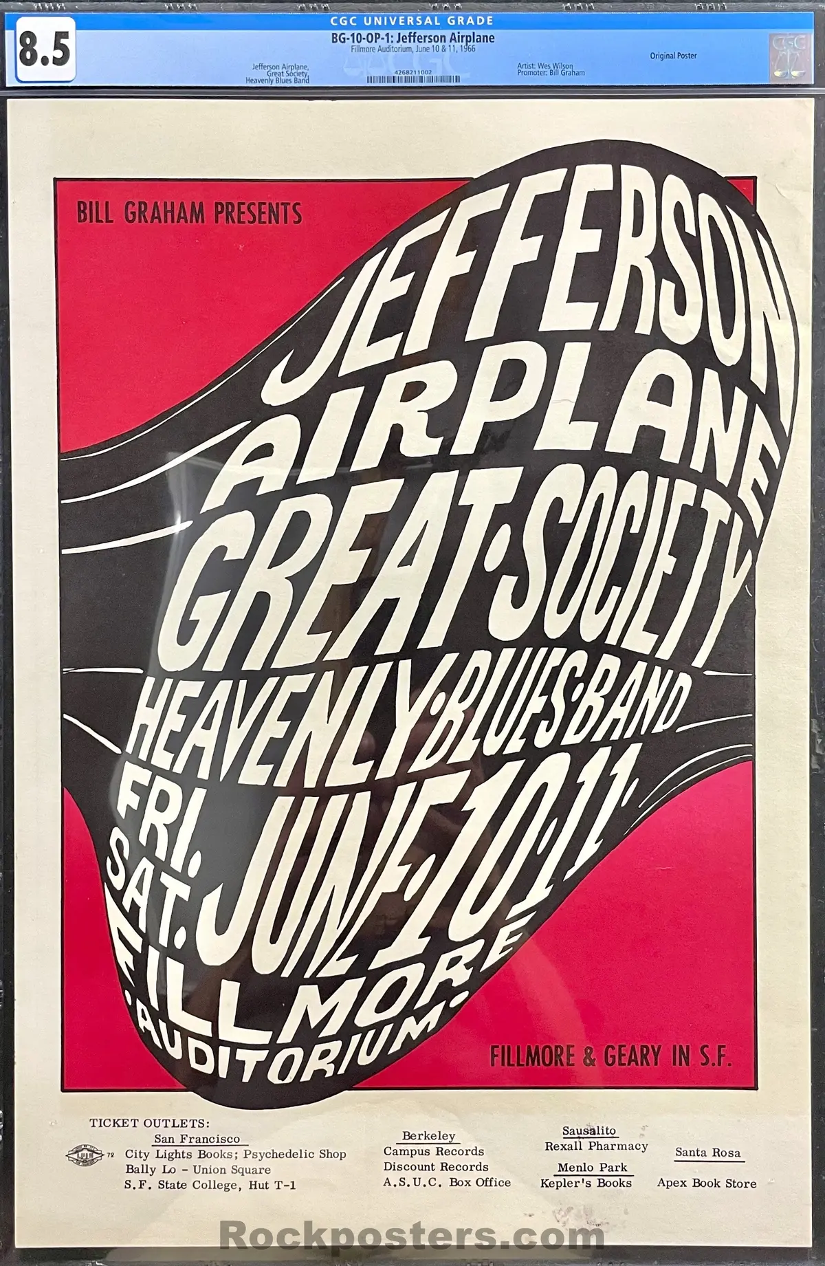 Auction - Bg-10 - Jefferson Airplane - Wes Wilson - 1966 Poster - Fillmore  Auditorium - Cgc Graded 8.5 1
