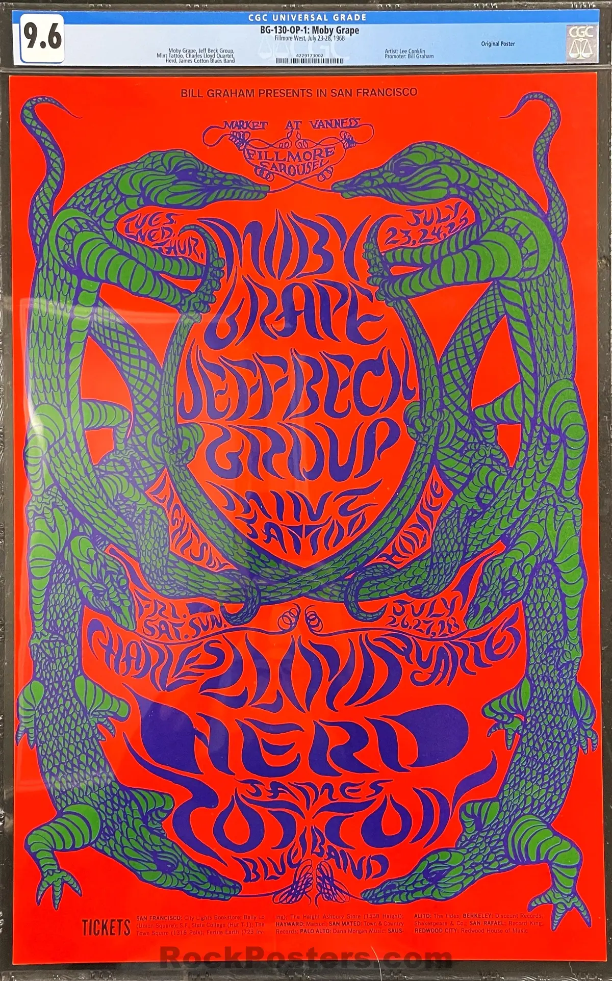 Auction - Bg-130 - Jeff Beck Moby Grape  - Lee Conklin - 1968 Poster - Fillmore West - Cgc Graded 9.6 1