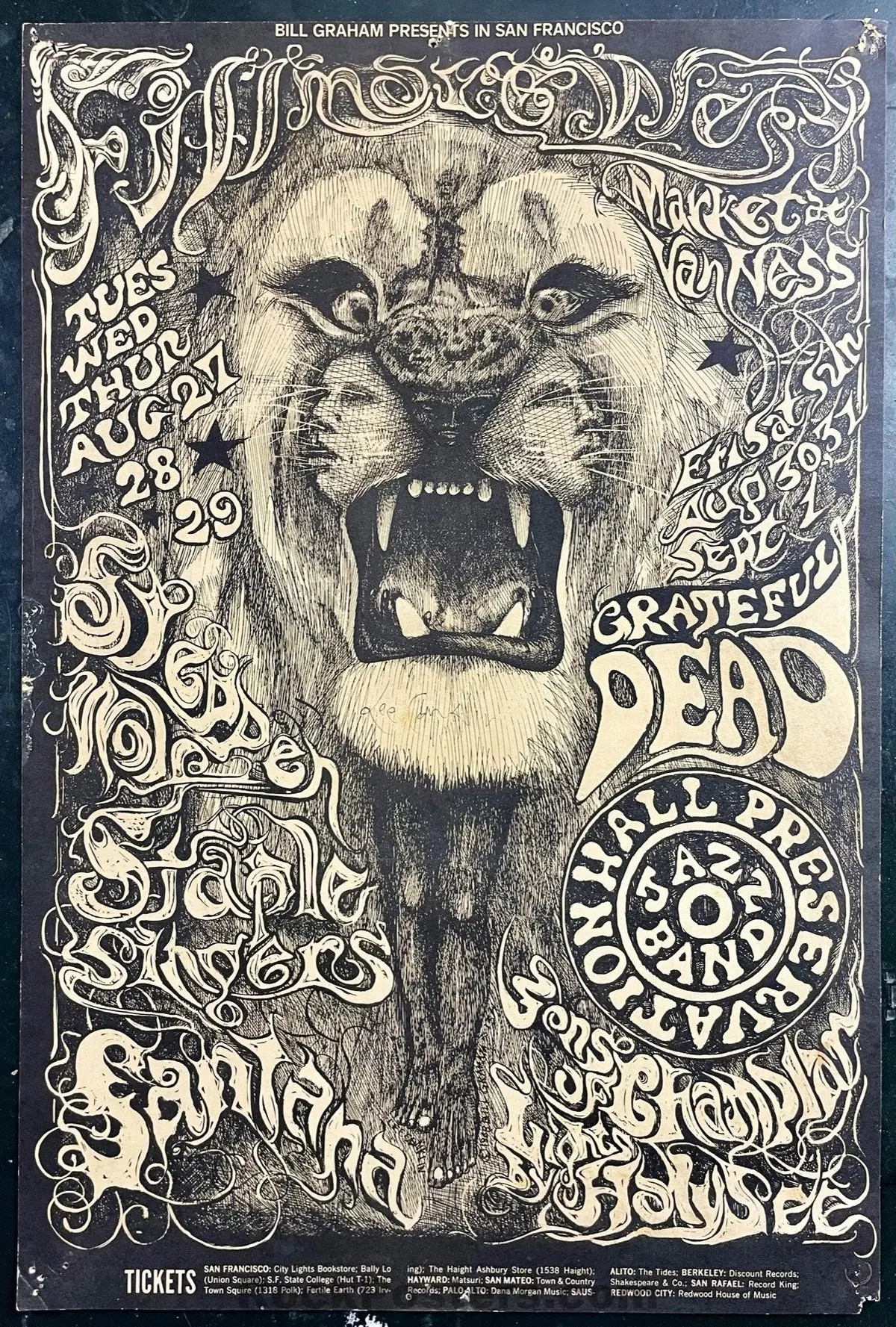 Auction - Bg-134 - Grateful Dead Santana - Lee Conklin Signed -  Fillmore West - 1968 Poster - Very Good 1