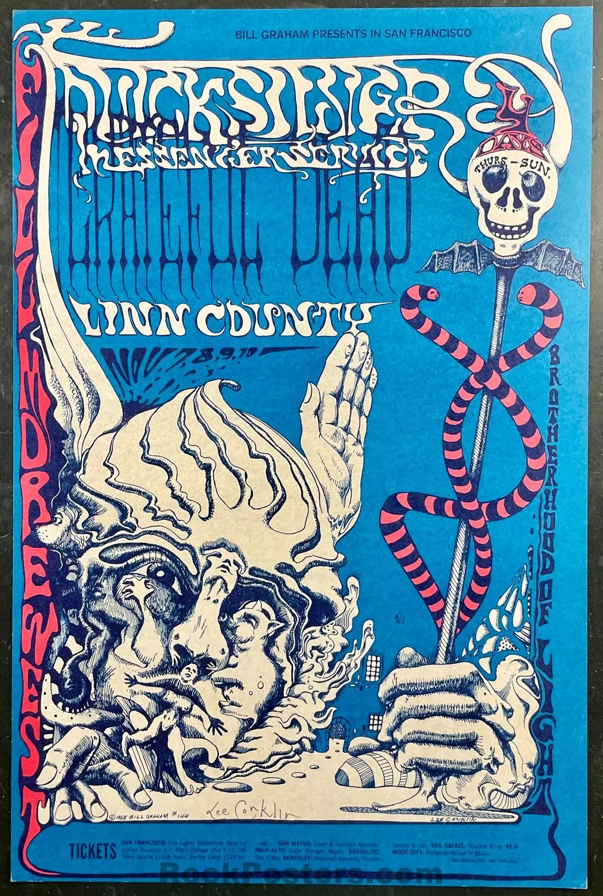 Auction - Bg-144 - Grateful Dead - Lee Conklin Signed - 1968 Poster - Fillmore West - Near Mint Minus 1
